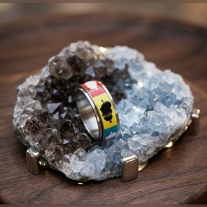 Stainless Steel Multicolor Enamel Geometric Band Ring Size 7 Retro Y2K Style 🌈